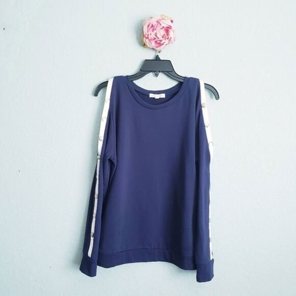 Honey‎ Punch Navy And White Stripe Snap Sleeve Sweater - Picture 1 of 6